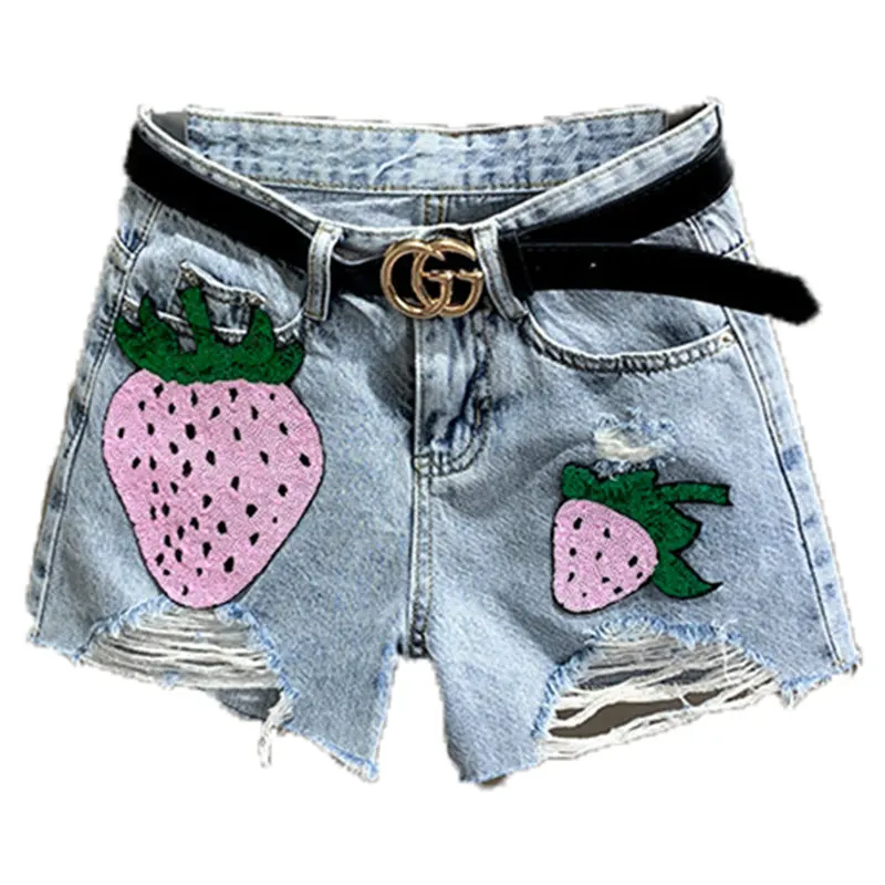 Модные джинсовые шорты с завышенной талией женские рваные трапеция блестками