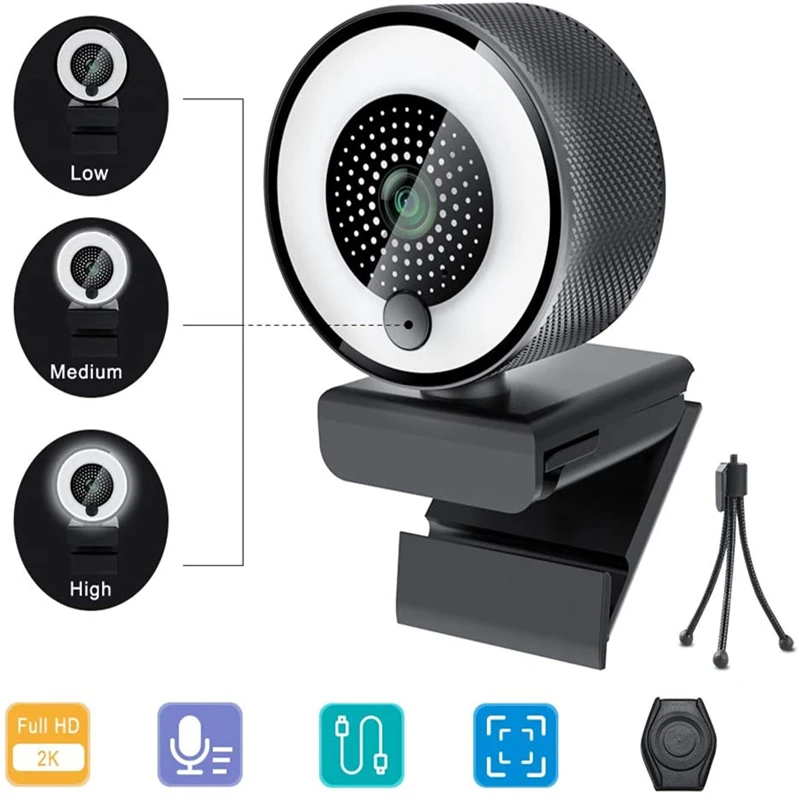 

Computer Camera Webcam 2560P 2K 500W Pixels Webcam Auto Focus HD Fill light Web Cam With Mic LED Light Camera For Youtube Live