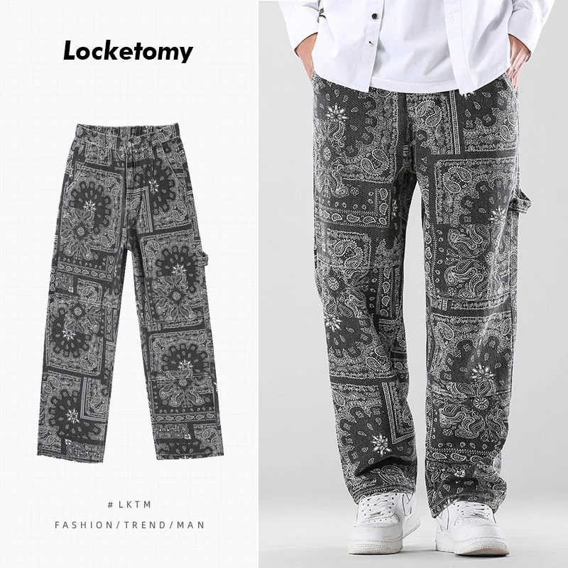 

Men's Jeans American Loose Straight-leg Pants Trendy Brand Plus Size Cashew Flower Black Casual Printed Trousers Мужские джинсы