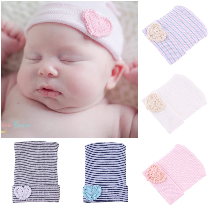 

New Newborn Baby Hat Toddler Baby Warm Hat Love Heart Striped Caps Soft Hospital Girls Cotton Hats Bow Beanies for Newborn 0-6M