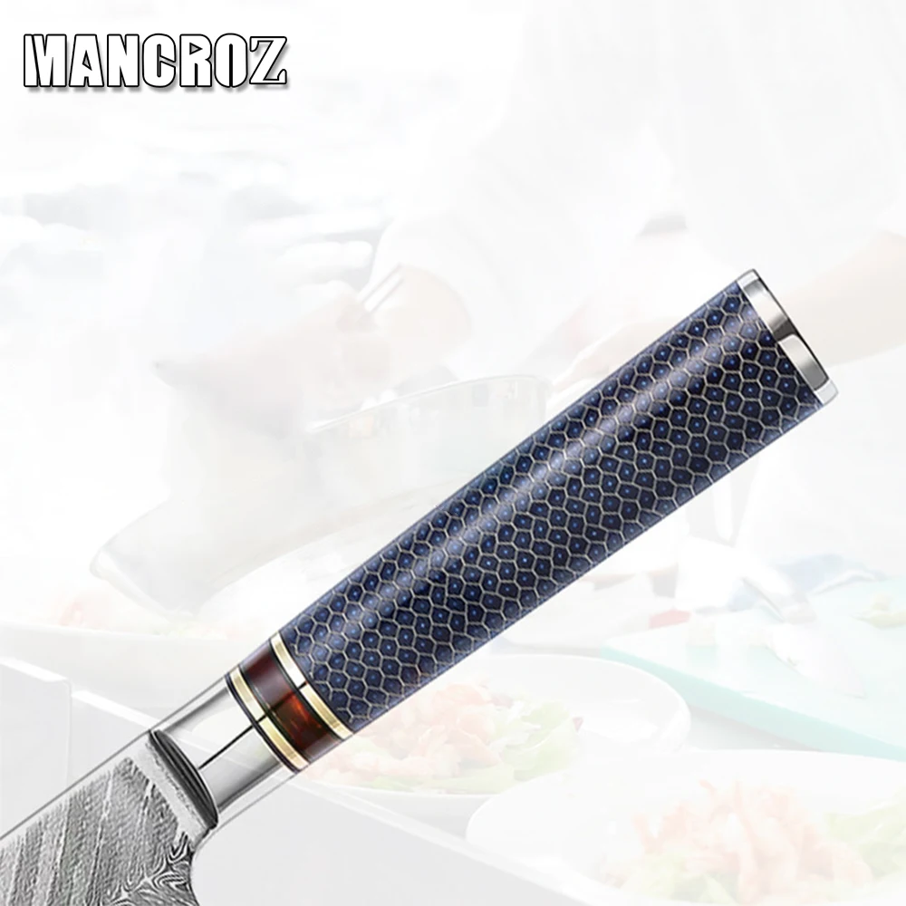 

MANCROZ Kitchen Knife Set Exquisite Blue Resin Honeycomb Handle Damascus VG10 Sharp Peel Cleaver tool EDC Chef Knives Gift
