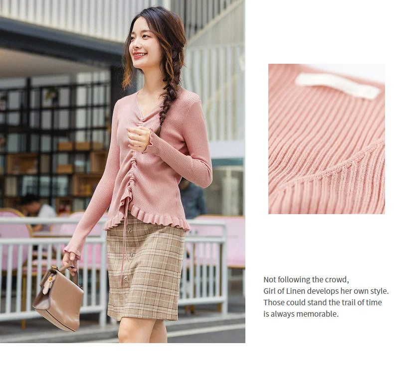 INMAN Winter Elegant Solid Color V Neck Drawstring Flower Swing Women Pullover Sweater