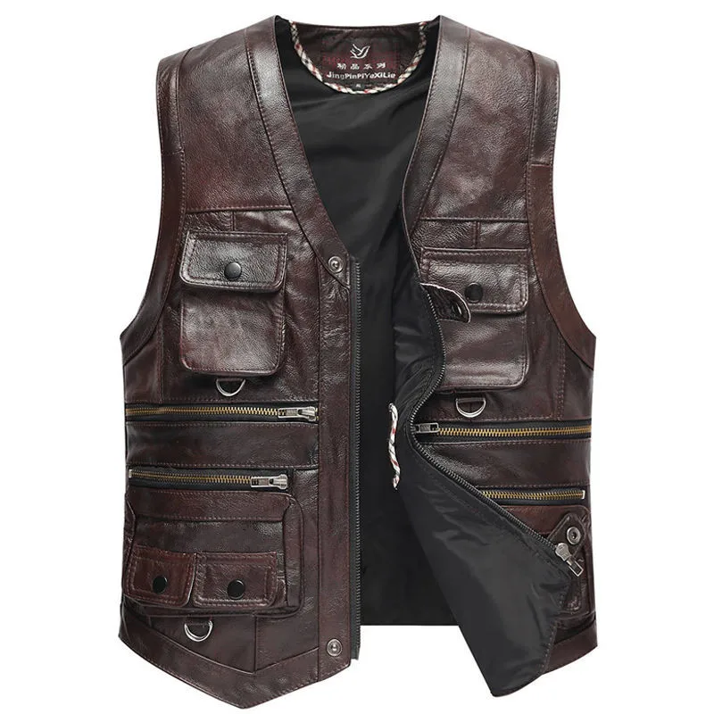 Мужской кожаный жилет 2021 стильный из воловьей кожи с несколькими карманами и V