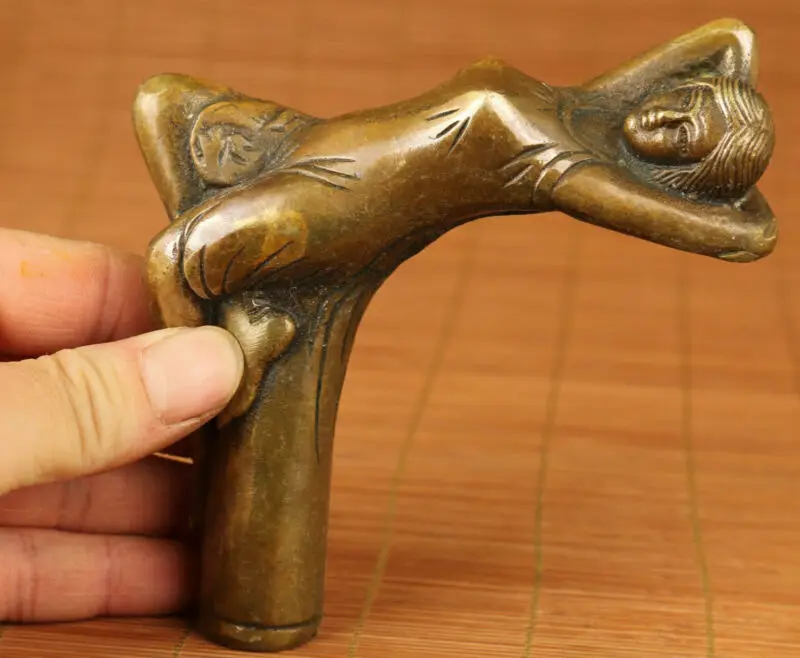 

Chinese Old Bronze Handmade Carved Belle Statue Walking Stick Head