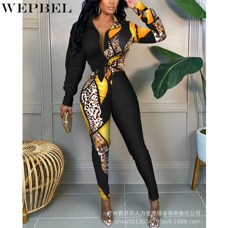 

Женский элегантный спортивный костюм WEPBEL, Женская Сексуальная рубашка с V-образным вырезом и галстуком-бабочкой + узкие брюки с высокой тали...