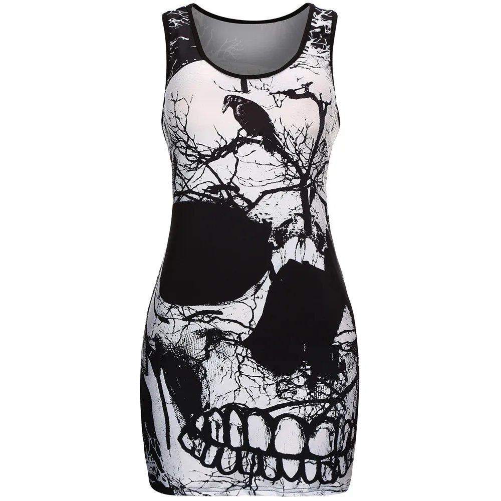 Vintage Skull Printed Summer Dress Women Gothic Punk Style Sleeveless Tanks Mini Dresses Casual Loose Party Holiday Robes Mujer | Женская