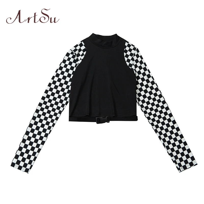 ArtSu Checkerboard короткий топ с длинными рукавами, водолазка с пряжкой, Футболка женская Harajuku, футболка, клетчатая забавная футболка ASTS60396
