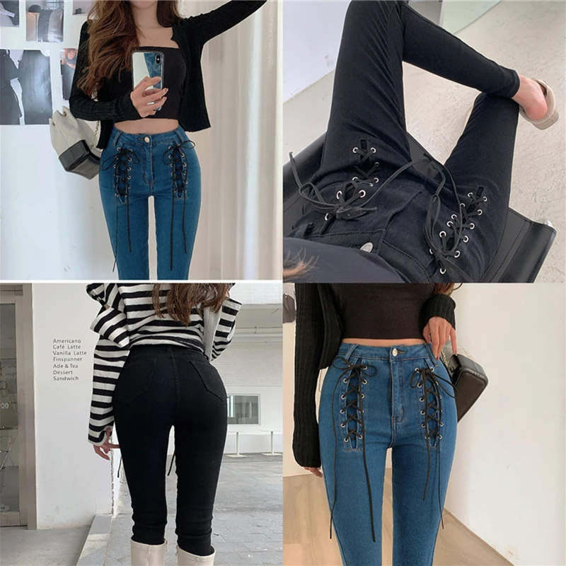 

Lucyever Fashion Cross Strap Skinny Jeans Woman High Waist Elastic Long Pants Women 2020 Autumn New Slim Fit Trousers Ladies