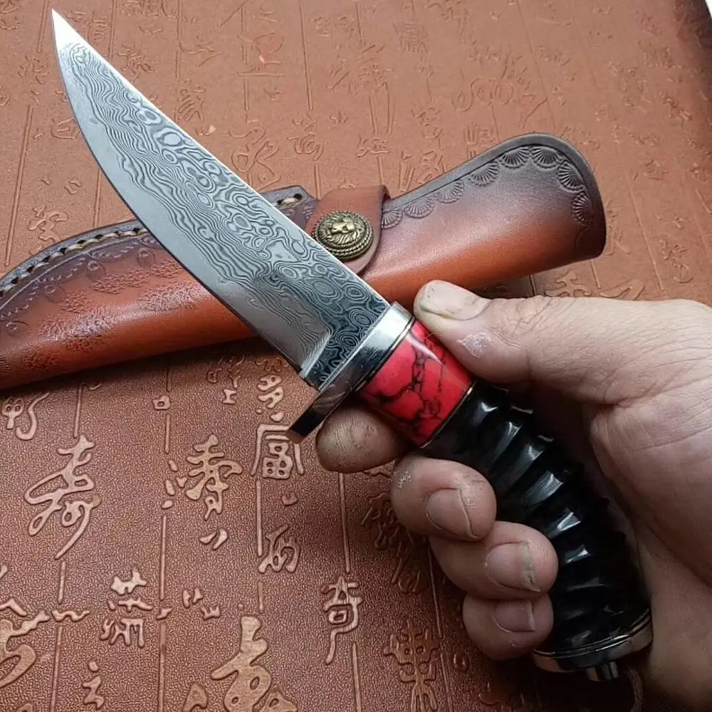 Нож из стали дамасск с ручкой из черного когтя оленя, ручной работы, охотничий подарок.