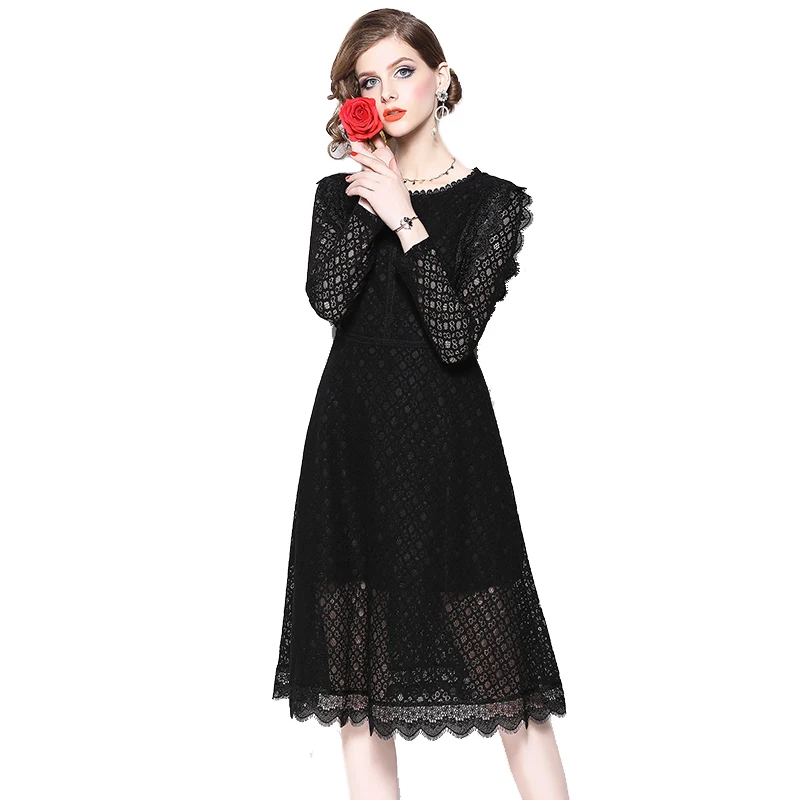 

Fashion vintage midi lace women dress white black available A line knee length irregular hem patchwork hollow out dress