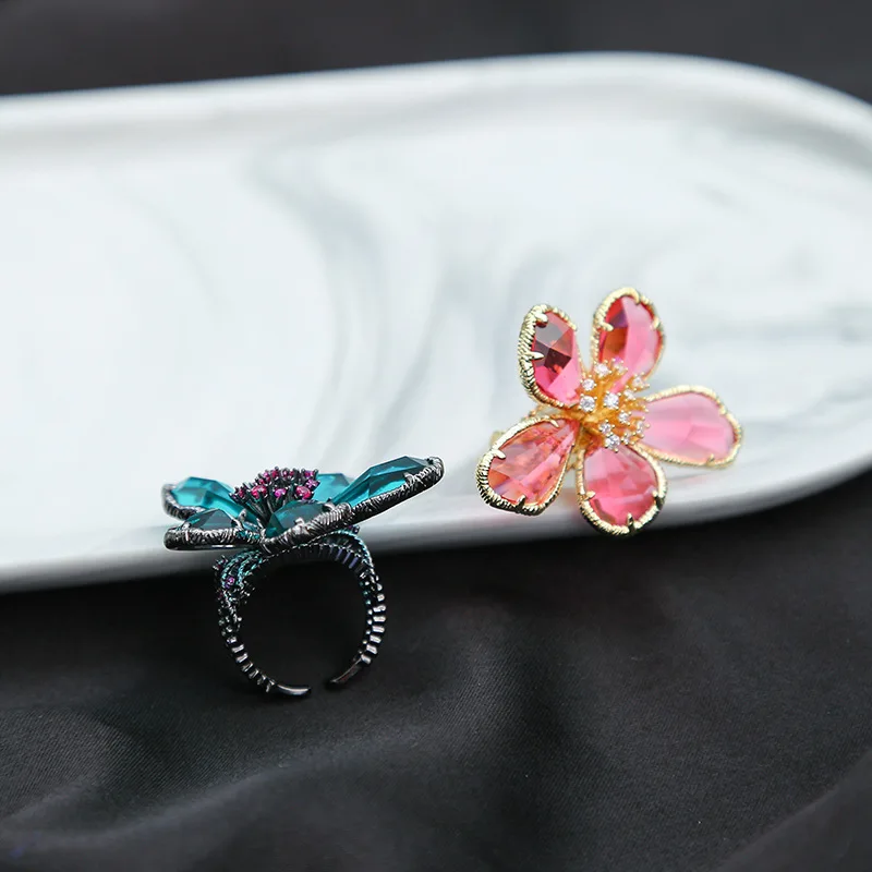 Модное винтажное зеленое большое цветочное открытое регулируемое кольцо для