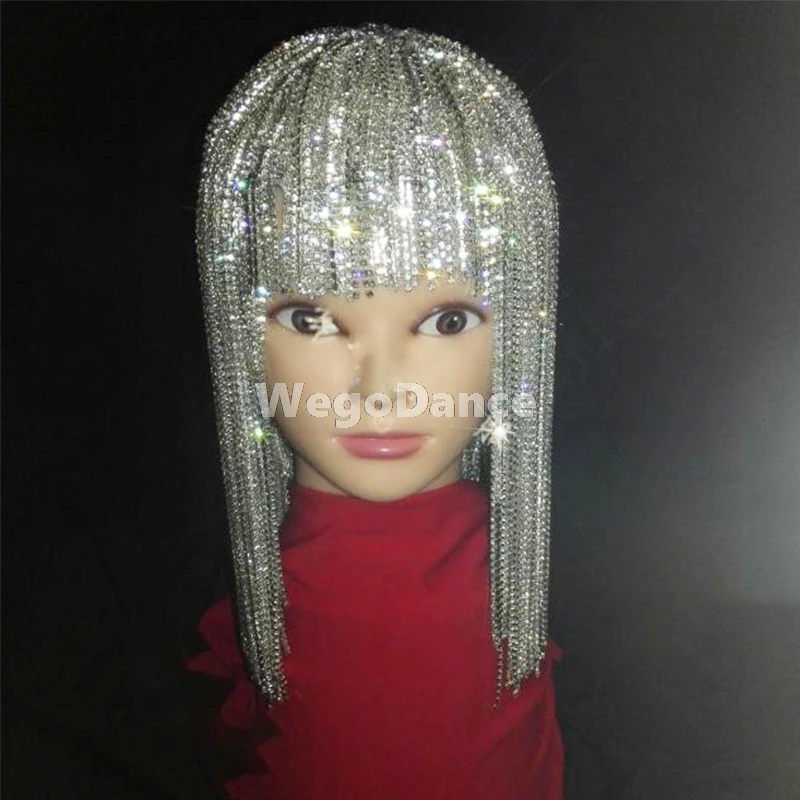 Sexy Women Silver Rhinestone Chain Wig Head Ornament Festival Outfit Nightclub Singer Rave Wear Accessories