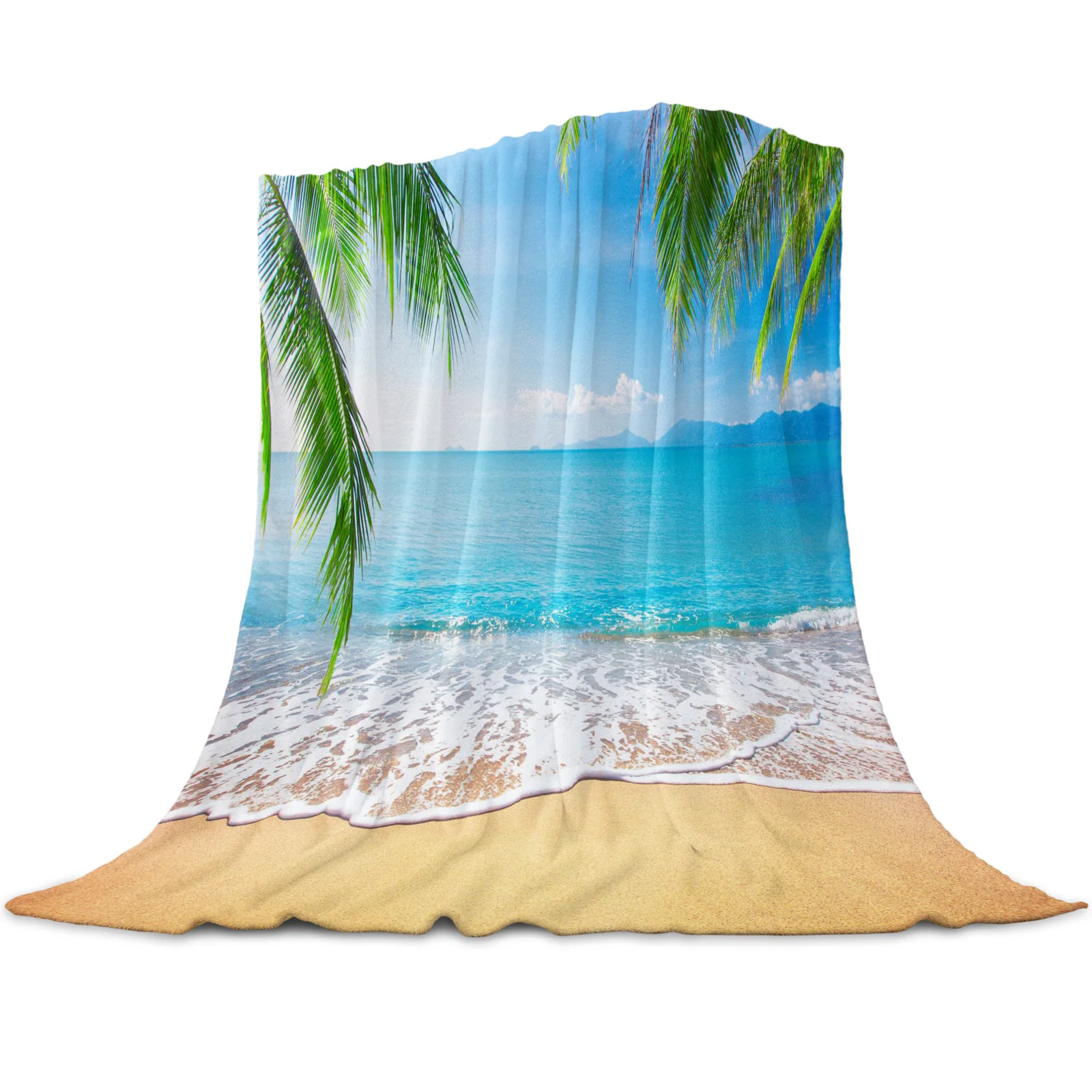 

Sand Beach Waves Palm Trees Coral Fleece Blankets Flannel Bedspreads Soft Warm Blankets for Bed Sofa Nap Wrap Blanket