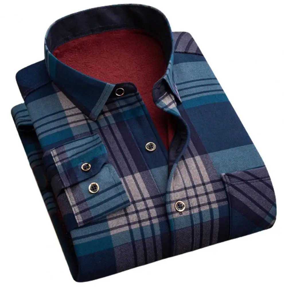 Мужская рубашка в клетку, утепленная формальная рубашка с отложным воротником, повседневная одежда