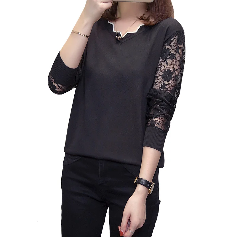 

V-neck Knit Tops Oversized Fashion Long Sleeve Office Lady Jumpers Plus Size Lace Patchwork Pullover Sweaters 2021 Fall Korean