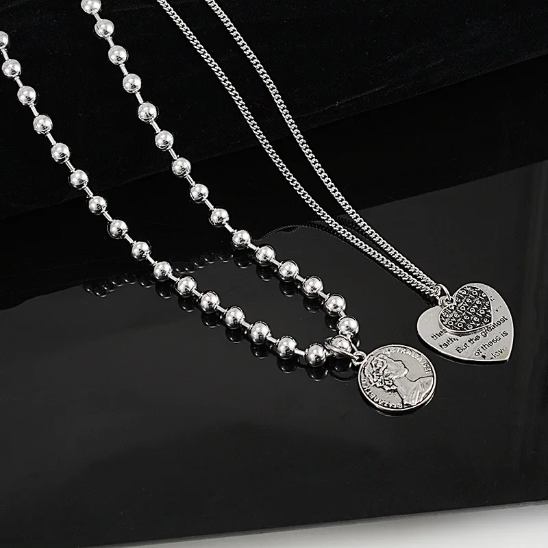 

Queen coin love heart layered necklace Collares Choker men women punk Stainless Steel long necklace hip hop jewelry dropshipping