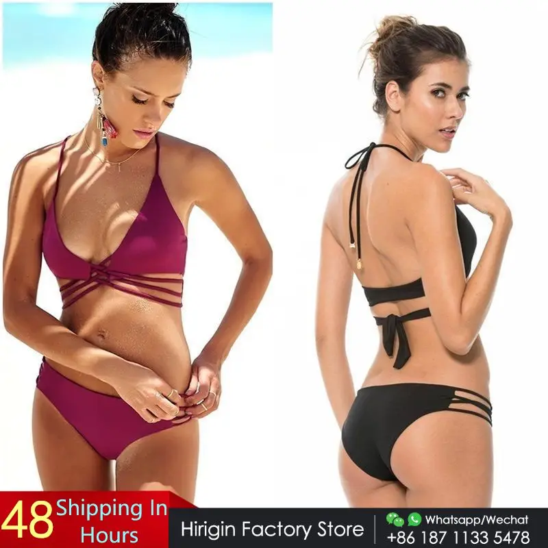 Женский бандажный комплект бикини однотонный треугольный купальник пляжная