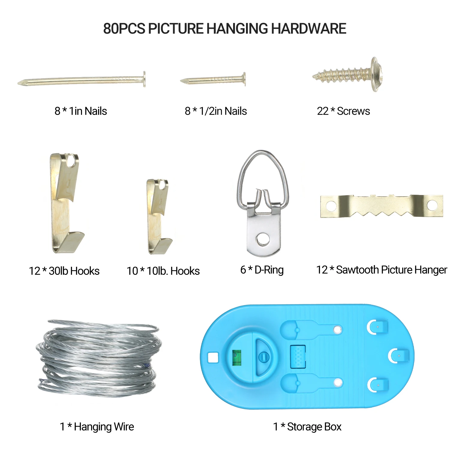 

Picture Hanging Kit Wall Hangers Accessories with 80pcs Picture Hanging Wire Hooks Nails and Wall Hanger Level Frame Ruler