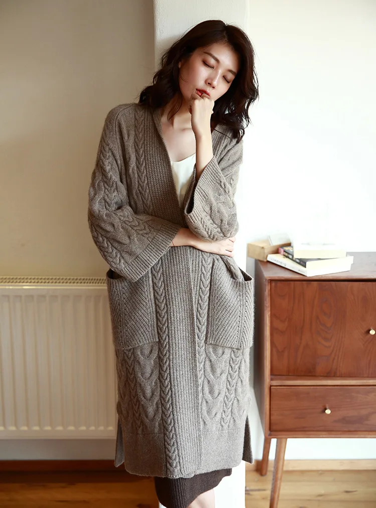 Pull femme nouveaute2019осенне-зимний женский свободный джемпер большого размера, толстый теплый вязаный кардиган, скрученный кашемировый длинный свитер из яка