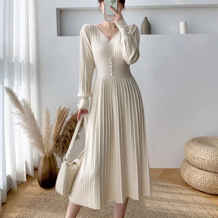 

Женское трикотажное плиссированное платье-свитер, повседневное однотонное праздвечерние чное платье с длинным рукавом в Корейском стиле, ...