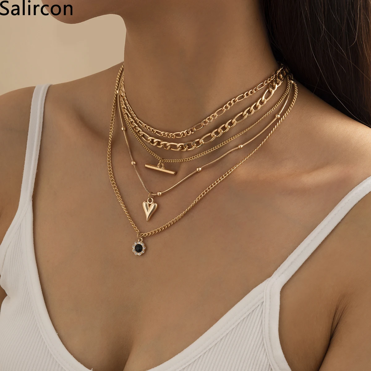 

Punk Multi Layer Statement Short Collar Clavicle Thin Snake Chain Choker Necklace For Women Geometric Heart Pendant Neck Jewelry