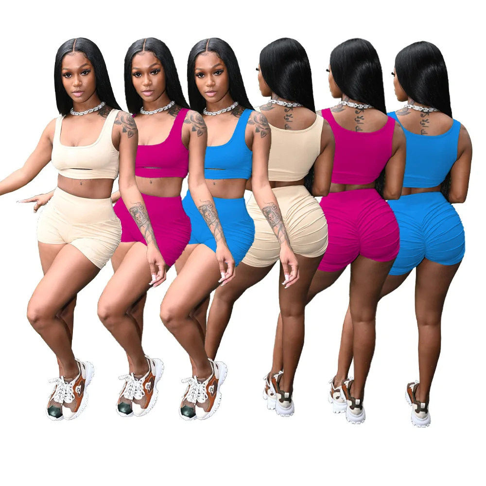 

Blue Casual Sportswear Solid Vests U Neck Sleeveless Two Pieces