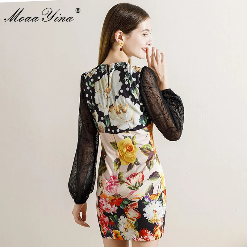 

MoaaYina Fashion Designer dress Spring Women's Dress Lace Lantern Sleeve Floral-Print Vintage Jacquard Dresses