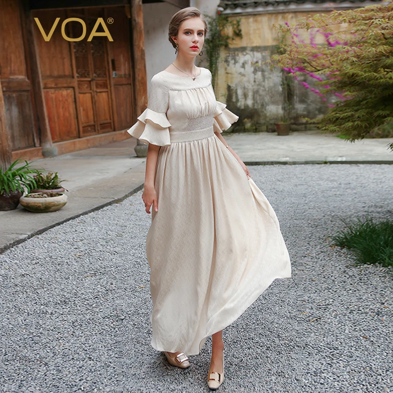 женское осень платье из натуральной шёлковой ткани длинное бежевое с высокой