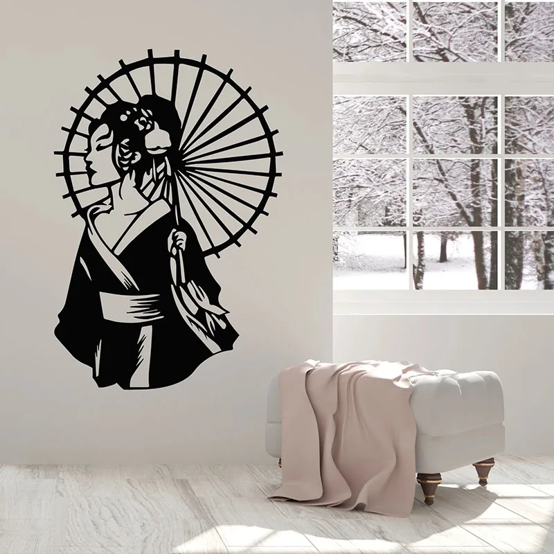 

Beauty Geisha Wall Decal With Umbrella Kimono Asian Style Vinyl Window Stickers Woman Bedroom Salon Interior Decor Mural E462