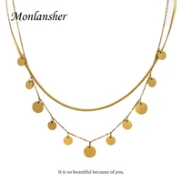 monlansher new double layer stainless steel flat snake chain necklace for women vintage titanium steel thin chain wafer necklace