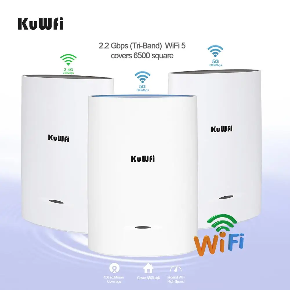 Трехдиапазонная домашняя сетчатая Wi Fi система KuWFi с AC2200 скоростью Gigabit Mesh WiFi5