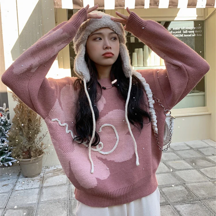 

Осень-зима 2021 Новинка модная Корейская версия свободное и тонкое универсальное теплое пальто с круглым вырезом и принтом женский свитер