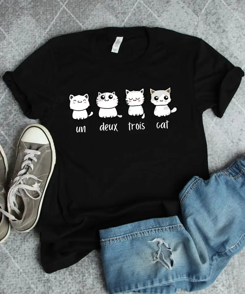 

Un Deux Trois Cat T-Shirt Mother Plus Size Letters Women shirts 100% Cotton Kawaii O Neck Kawaii Short Sleeve Top Tees Girls