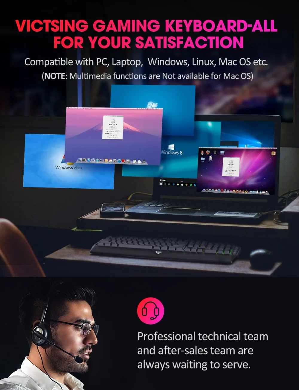 Оригинальная игровая клавиатура VicTsing PC225, RGB клавиатура с подсветкой, эргономичный дизайн, механическое ощущение, 19 ключей против привидений, 8 мультимедийных клавиш, проводная usb-клавиатура для геймера, ноутбука, компьютера