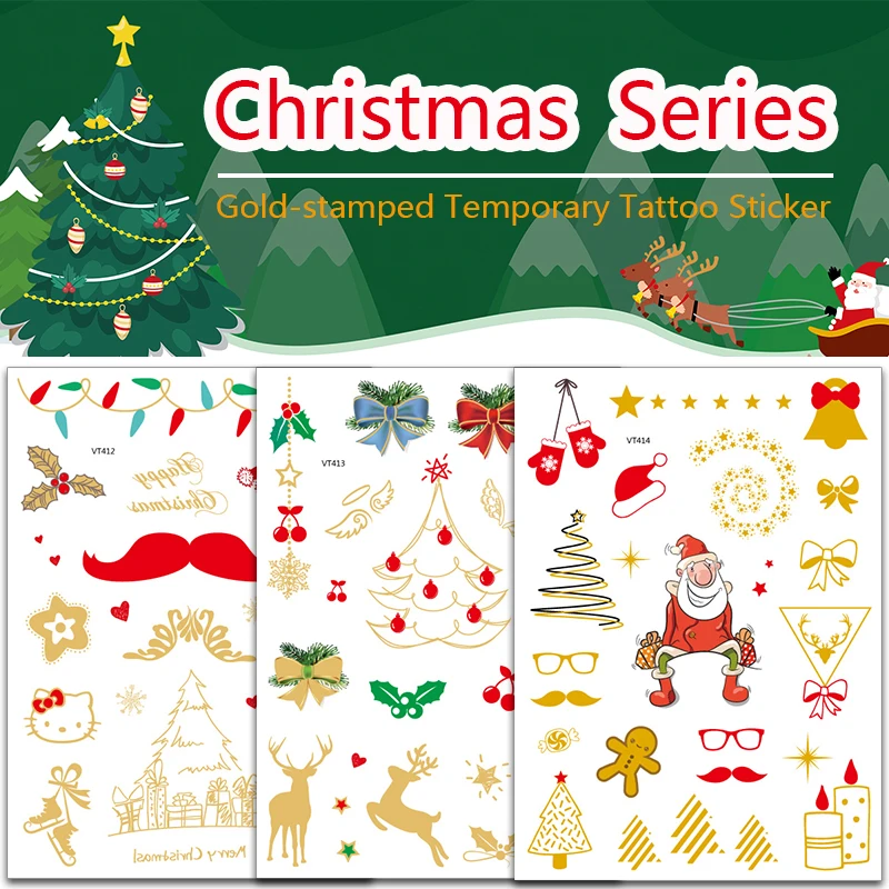 Золотые популярные рождественские наклейки с татуировками для детей милые шапки