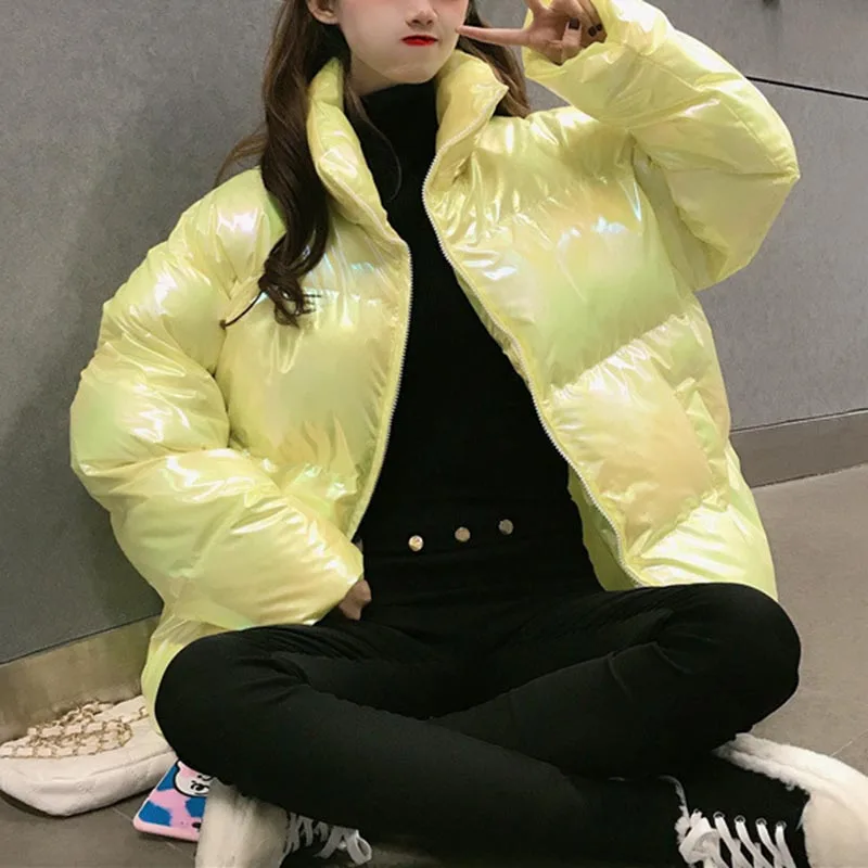 Блестящие неоновые куртки для женщин зима 2022 хлопок стоячий воротник длинный