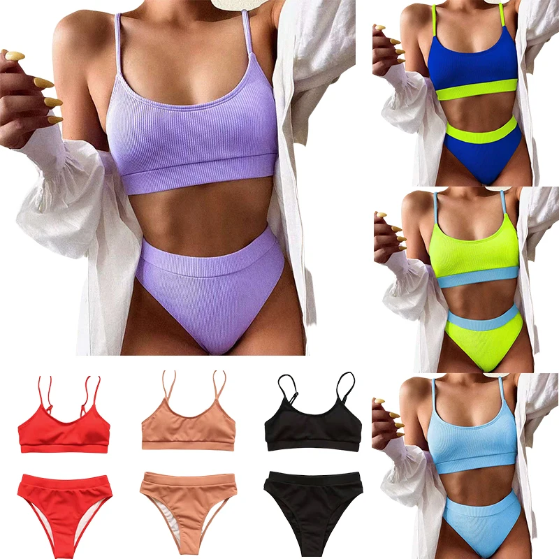 

Jlong Women Sexy Bikini Swimsuit Ladies Swimwear Push Up Bikinis Set Color Patchwort High Waist Swimming Suits for Bathing Suit