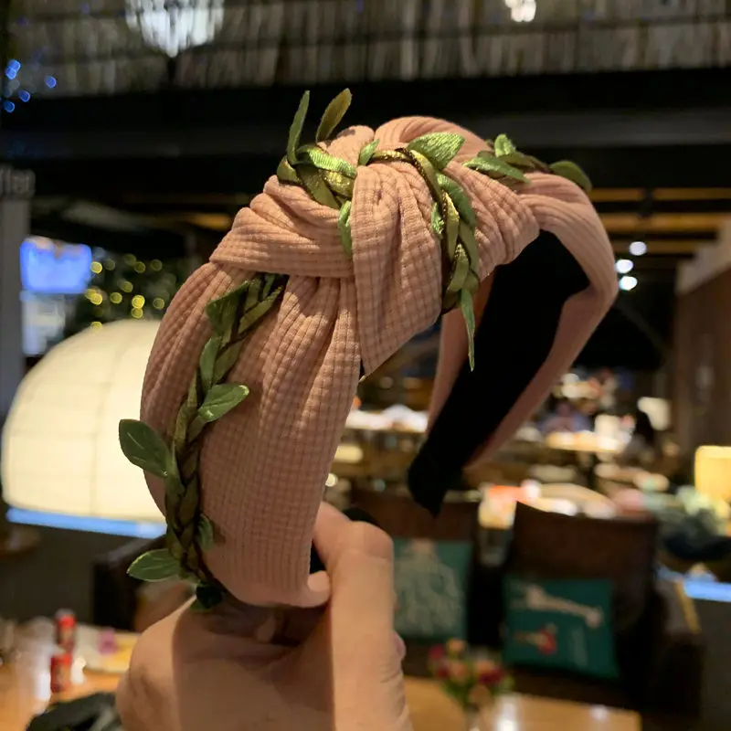 Корейские ленты для волос с зеленым листом украшенные узлом повязки женщин