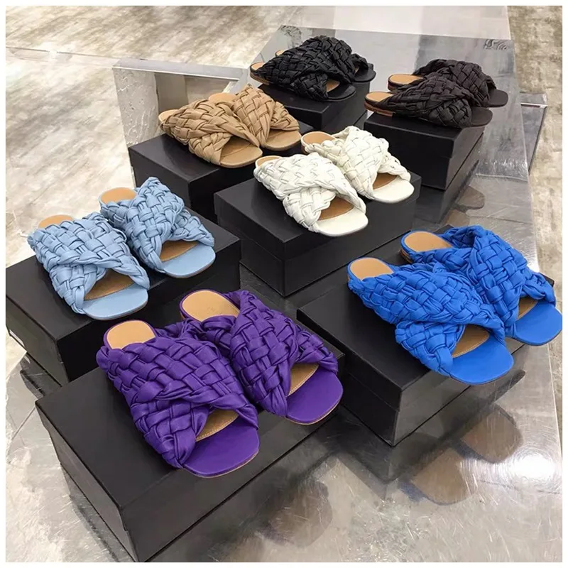 

Summer Women Slipper Brand Weave Ladies Sandal Shoes Low Open Toe Flat Casual Slides Beach Flip Flops Big Size 35-42 Luxury 2021