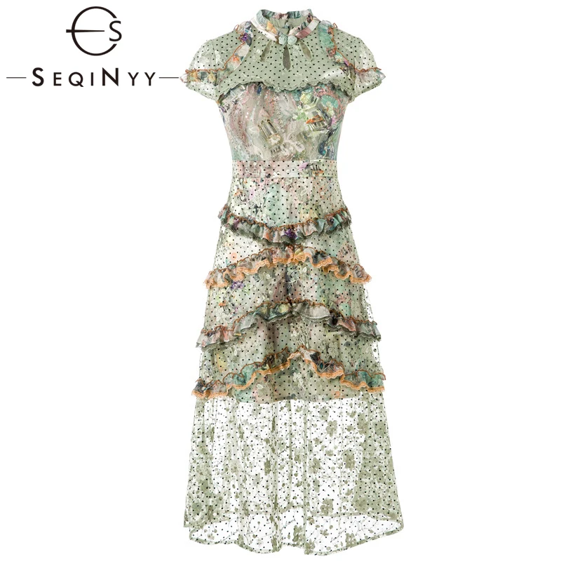 

SEQINYY Green Midi Dress Elegant Summer Spring New Fashion Design Women Runway High Quality Mesh Embroidery Lace Sequins Ruffles