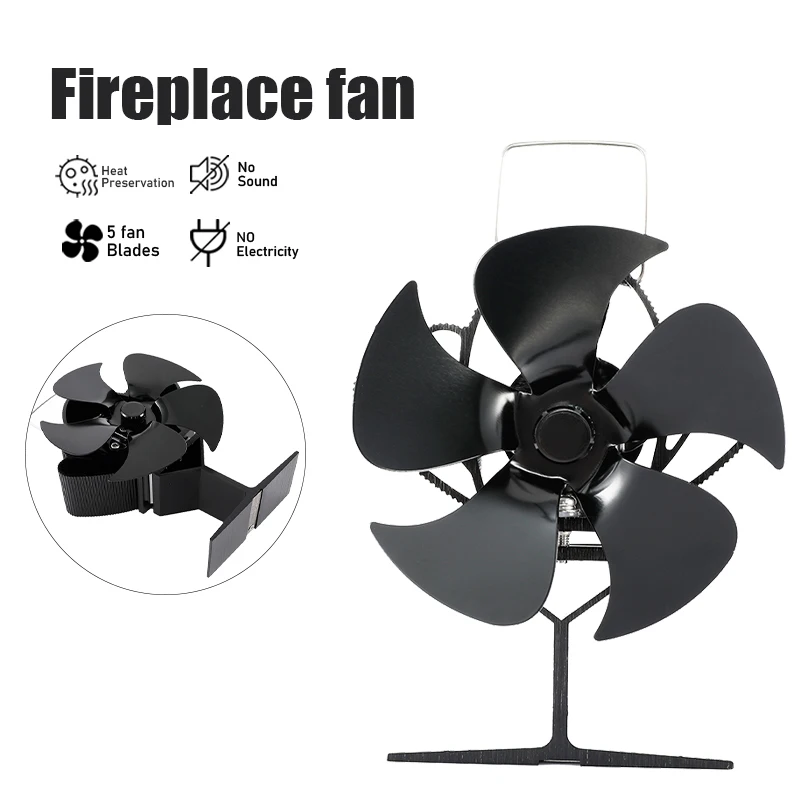 

Black Fireplace 5 Blades Heat Powered Stove Fan Log Wood Burner Eco-fan Quiet Home Fireplace Fan Efficient Heat Distribution