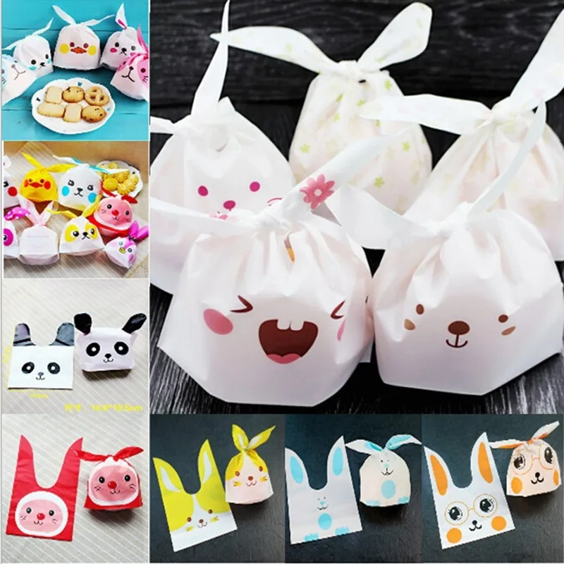 

50 шт./упак. милые мешки для конфет в форме кролика, упаковка для печенья в виде кролика, пластиковый пакет для выпечки, закусок, товары для сва...