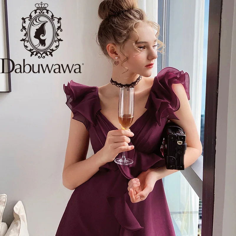 

Dabuwawa Exclusive Sexy Purple Summer Ruffle Dress Women Sleeveless Sash Holiday Split Hem Party Dress Ladies DO1BDR010