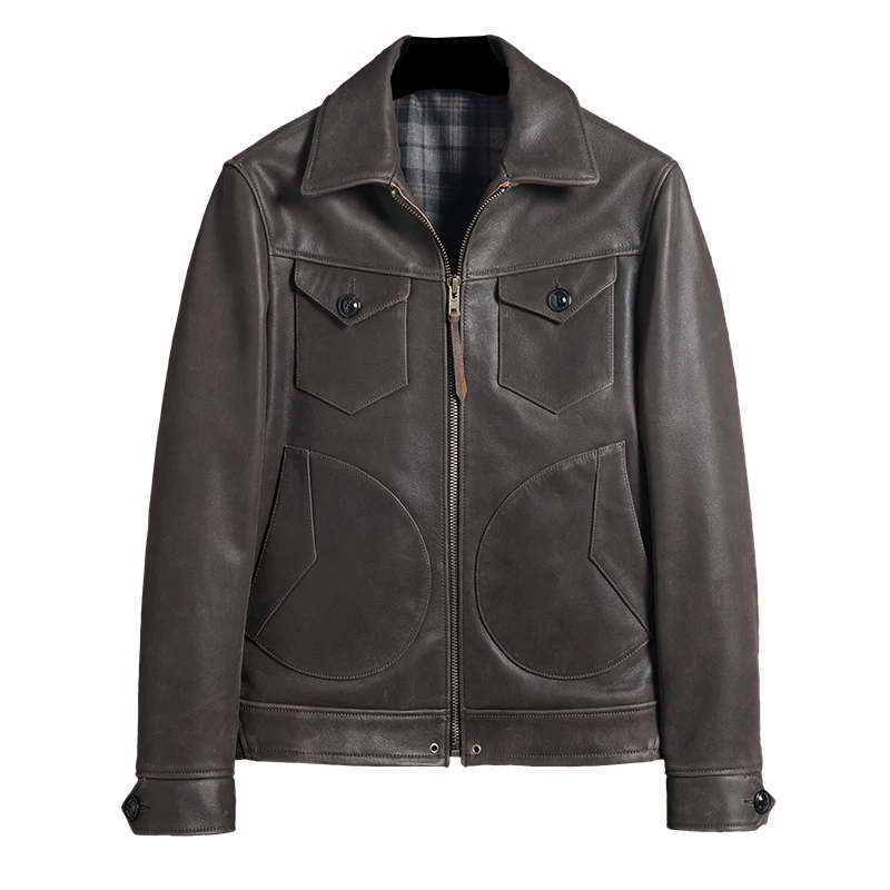

Good Quality 2021 Cow Leather Outerwear Men Dark Brown Casual Formal Business Leather Genuine Clothes Autumn Leather Jackets