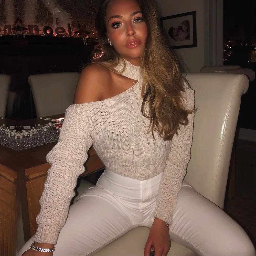 

Women Sexy Off Shoulder Knit Sweater Autumn Winter Long Sleeve Button Pullover Fashion Slash Neck Solid Streetwear Tops Full