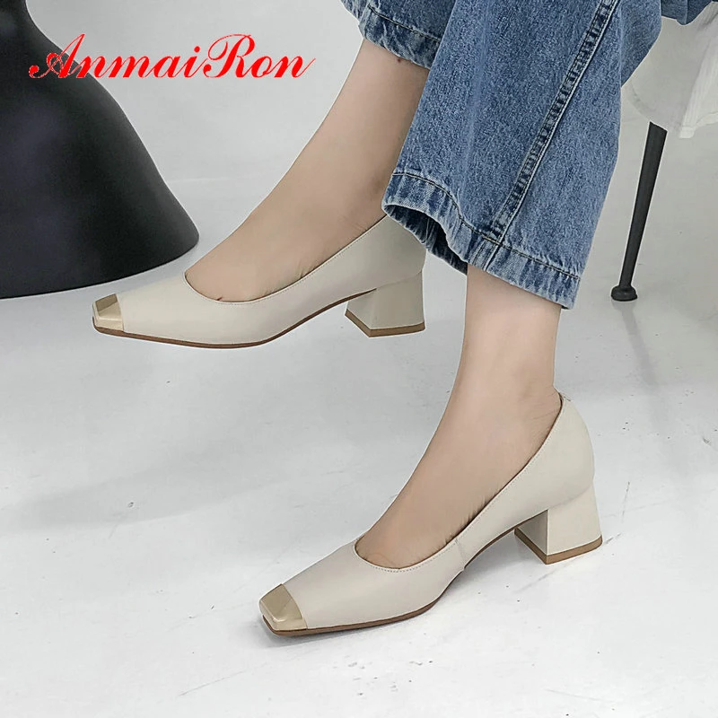 ANMAIRON Woman Shoes Slip-On Casual High Heels Spring/Autumn Fashion Pumps Ladies Shoes Basic Genuine Leather Square Toe 34-43