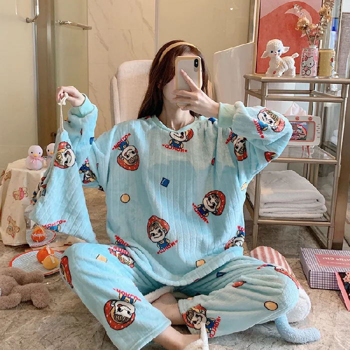 Plus Size Pajamas 2 Piece Pajama Set Women Cartoon Cute Flannel Home Clothes Women Nightwear Round Neck Cute Korean Pajamas
