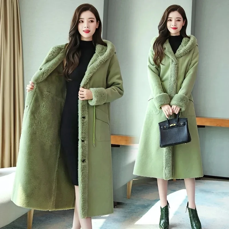Faux Fur Coat Lamb Wool Cotton Coat Women's Long Fashion 2022 Winter Coat Velvet Thick Woolen Parka Trend Green High Quality