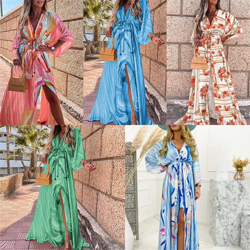 

2021 Autumn New Boho Printed Dress Lace-up Elastic Waist Slim V-neck Dress Loose Large Swing Split Dresses Female LR1722
