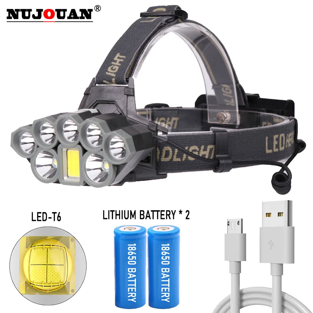 LED Headlamp Fishing Headlight T6/XPE/COB 6 Modes  Waterproof Super Bright Camping Light Powered by 2x18650 Chargeable Batteries